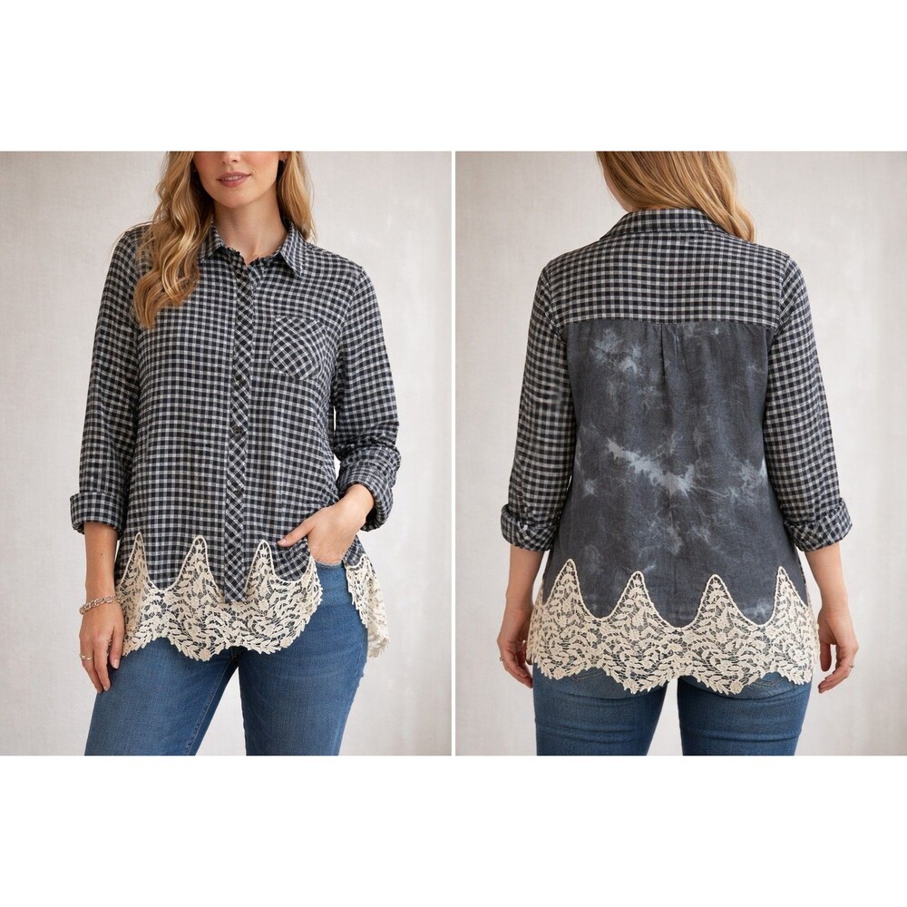 Oddy Lace Trim Button Down Shirt Womens Size  Plaid  Tunic Boho Patchwork Blouse